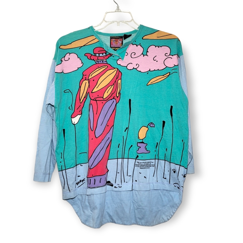 Peter Max Neo Max Monk with Falling Leaves Henley Long Sleeve Vintage Shirt S